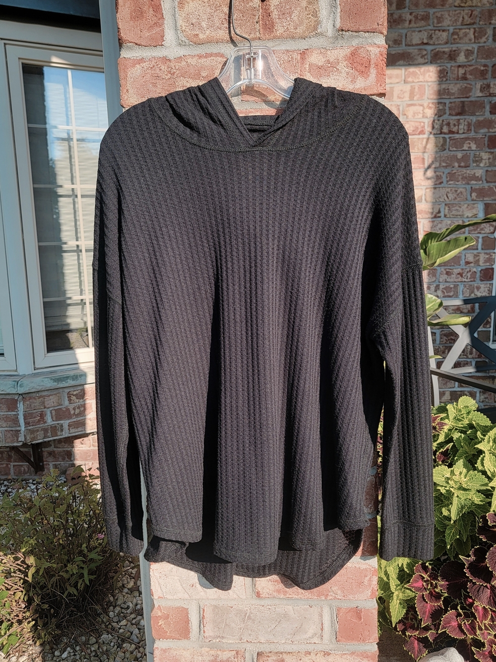 Women's Black Waffle Knit Hooded Pullover